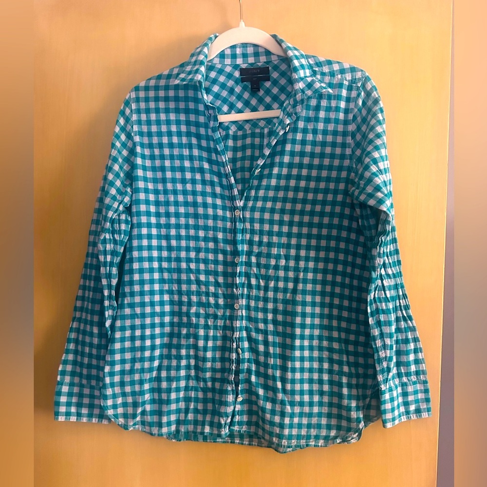 J. Crew Turquoise and White Checkered Shirt